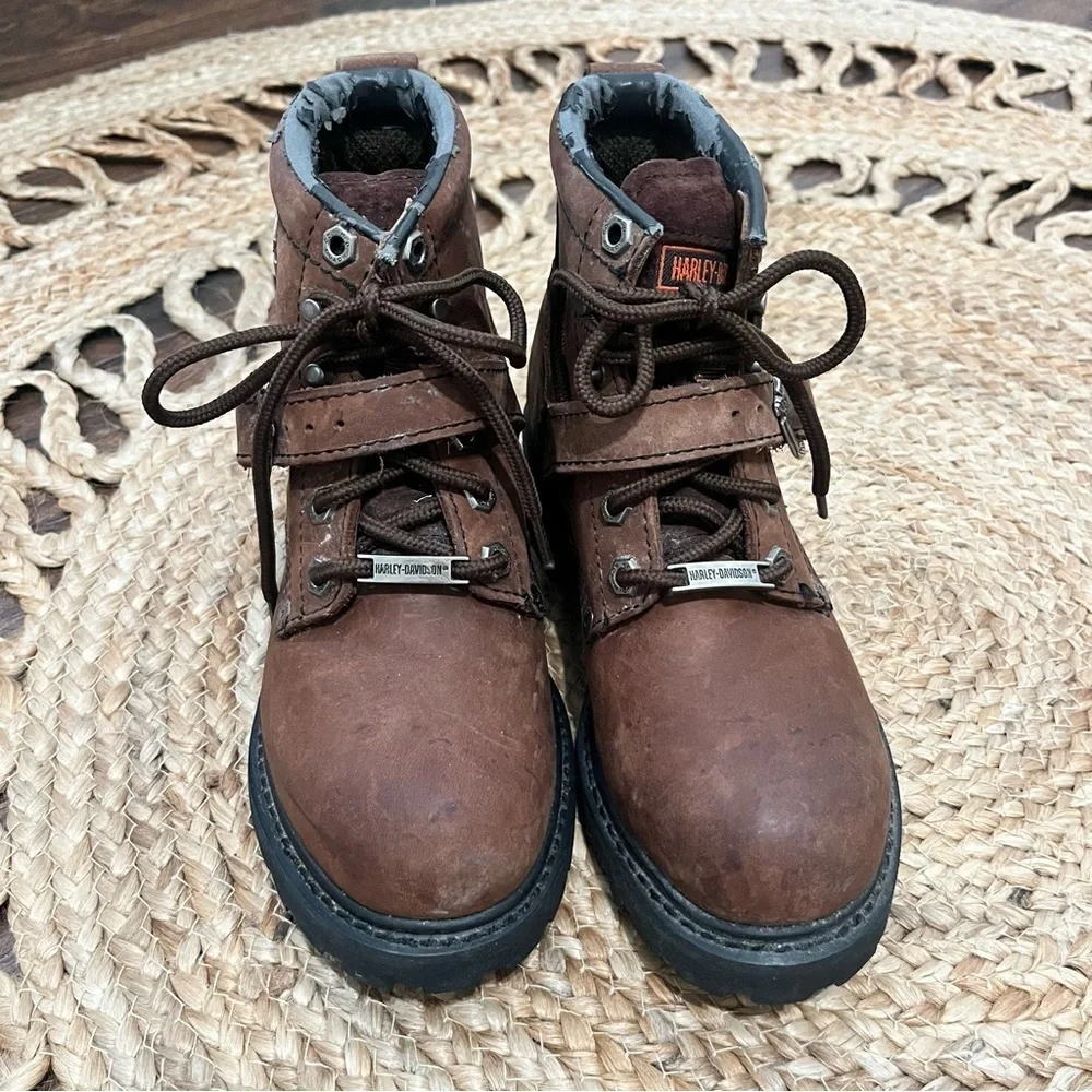 Harley Davidson 81025 Boots Lace Up Brown Leather Motorcycle Buckle Size 6